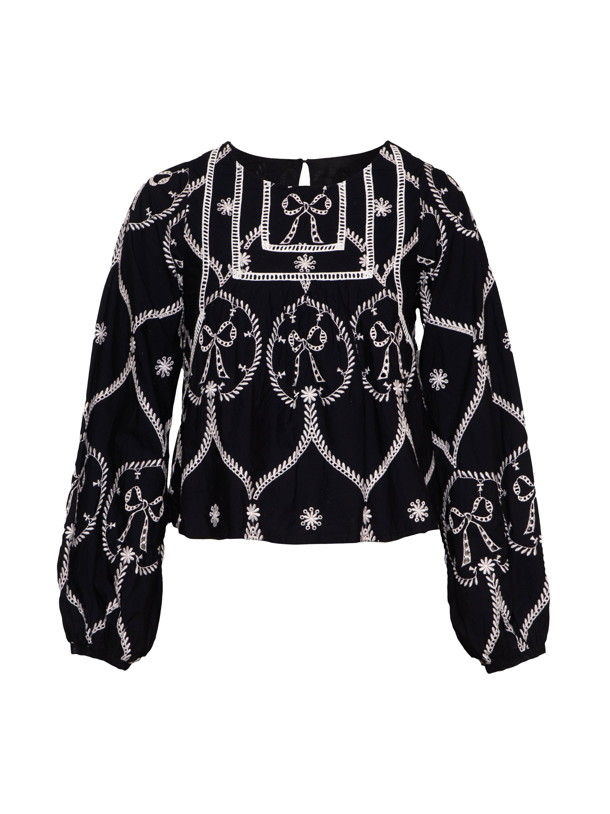 Charlie Black and ivory Bow embroidered Long Sleeve Blouse