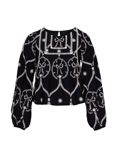 Charlie Black and ivory Bow embroidered Long Sleeve Blouse