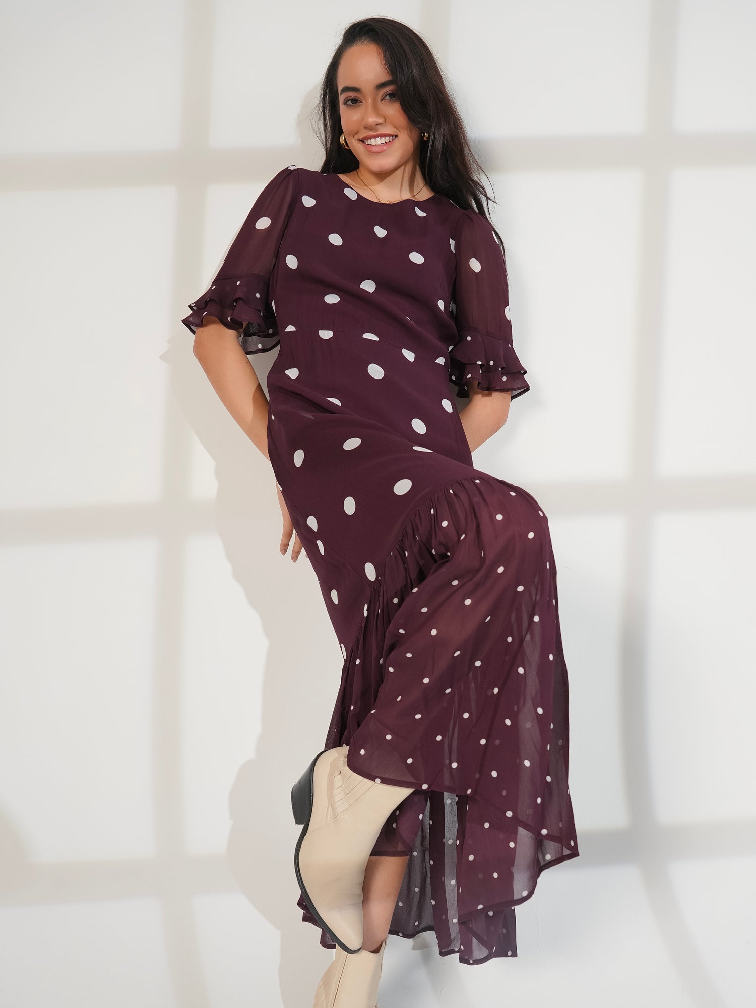 Saphi Chocolate Wine Spot Print Maxi Dress
