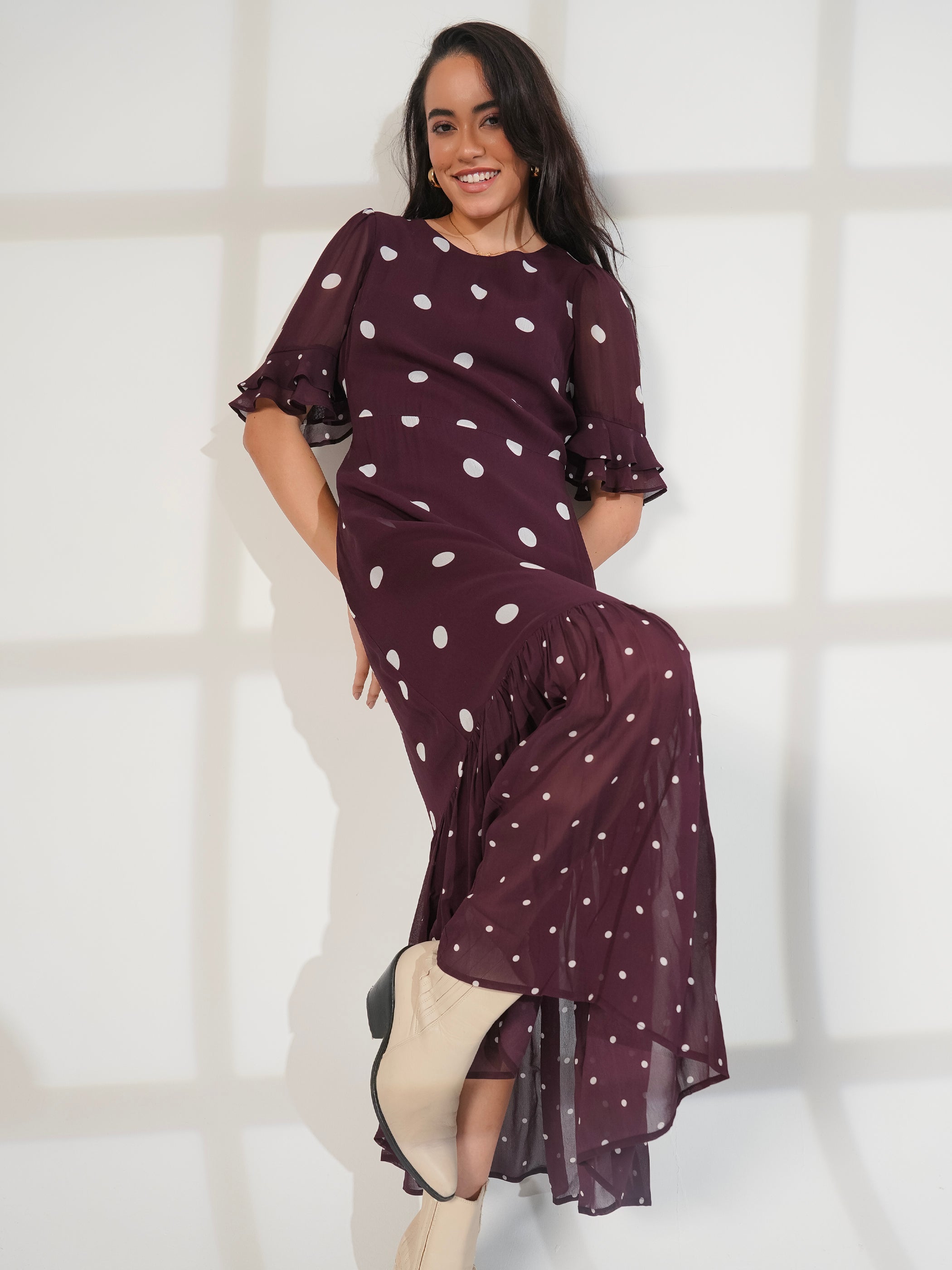 Saphi Chocolate Wine Spot Print Maxi Dress
