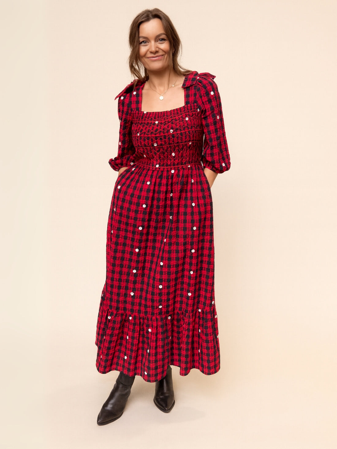 Steffi Red and Black Daisy Embroidered Check Maxi Dress