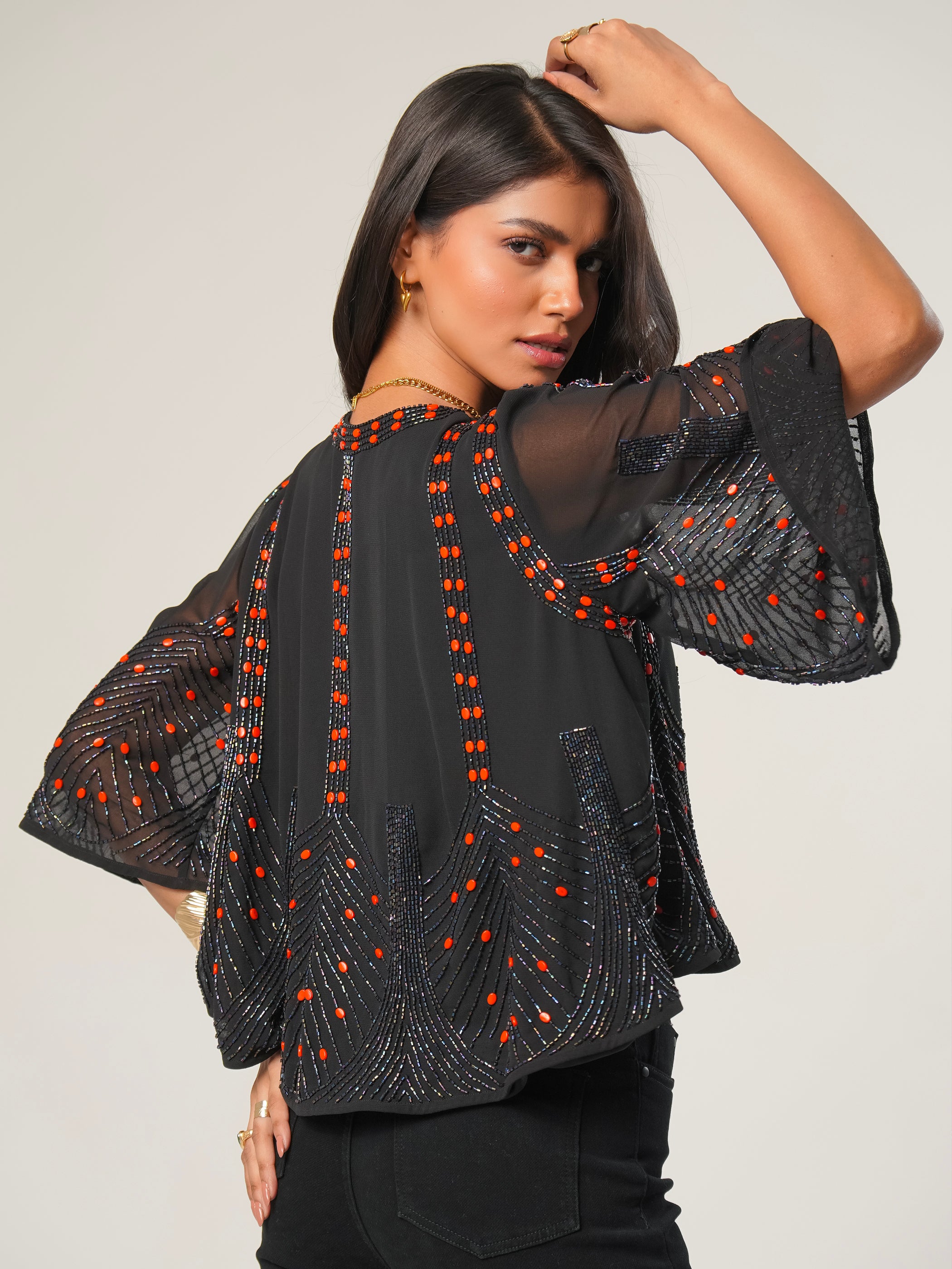 Anna Black Cape Sleeve Hand Beaded Top