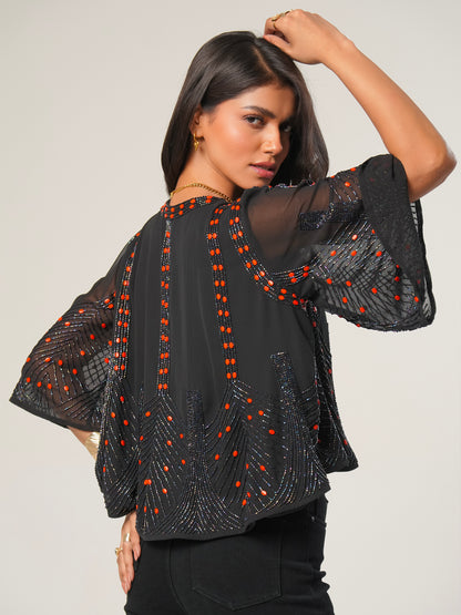 Anna Black Cape Sleeve Hand Beaded Top