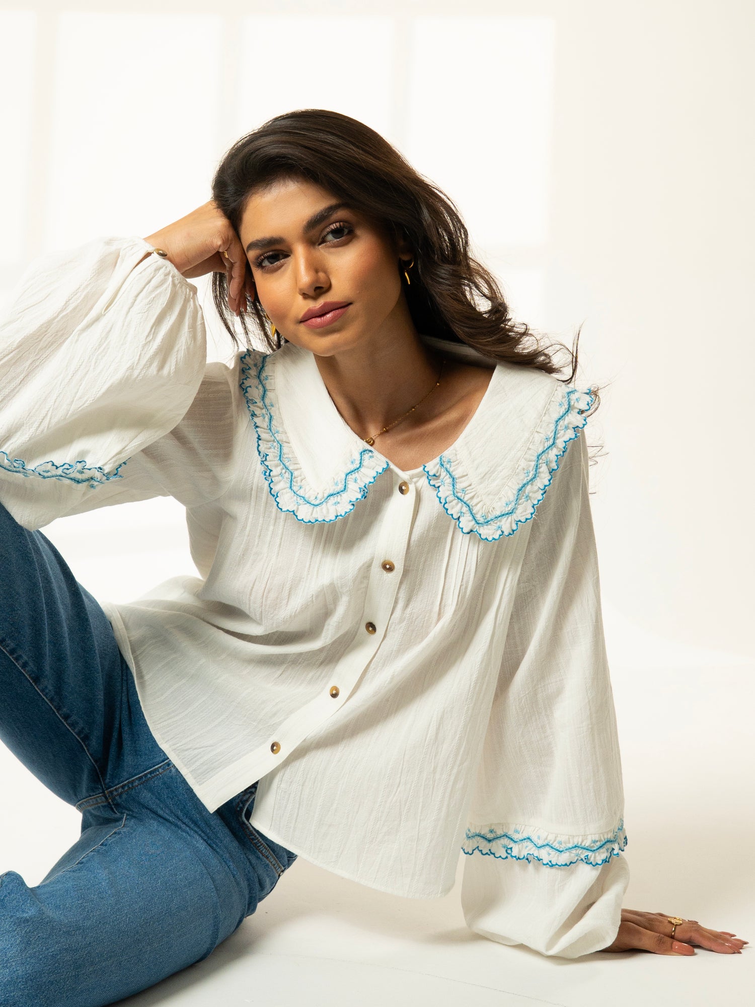 Angie Ivory Embroidered Collar Shirt 