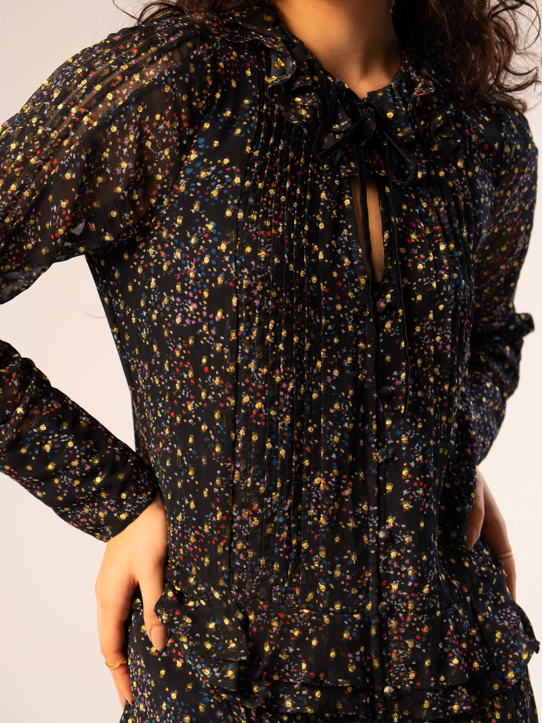 Tara Black Star Print Metallic Polka Dot Mini Dress