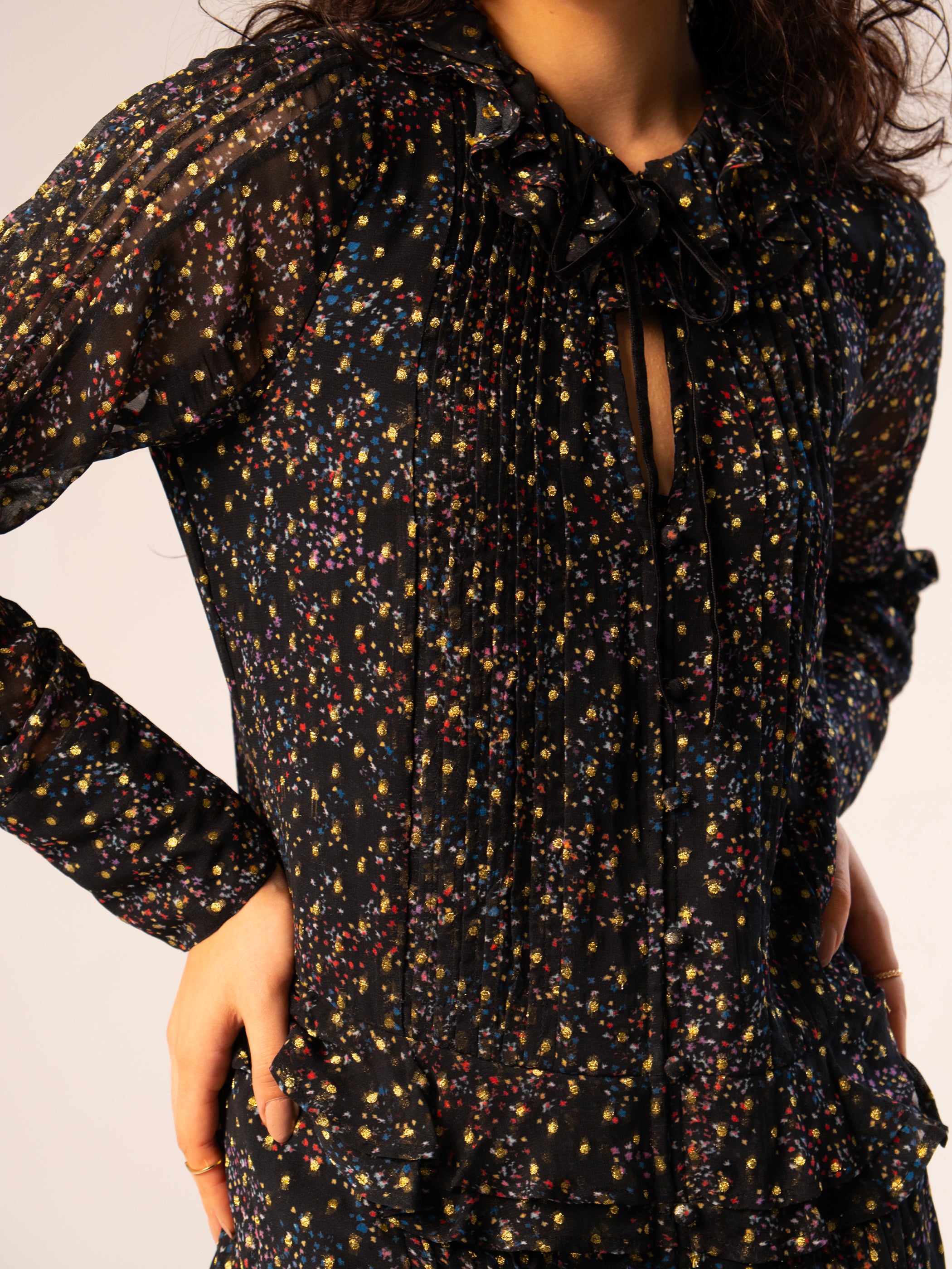Tara Black Star Print Metallic Polka Dot Mini Dress