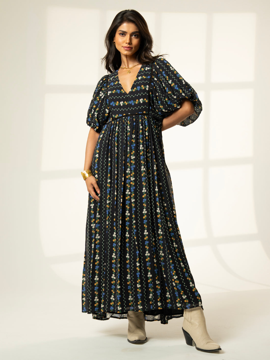 Kiri Black Floral Printed Maxi Dress
