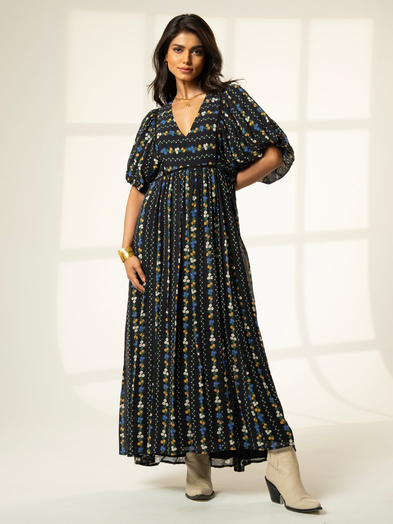 Kiri Black Floral Printed Maxi Dress