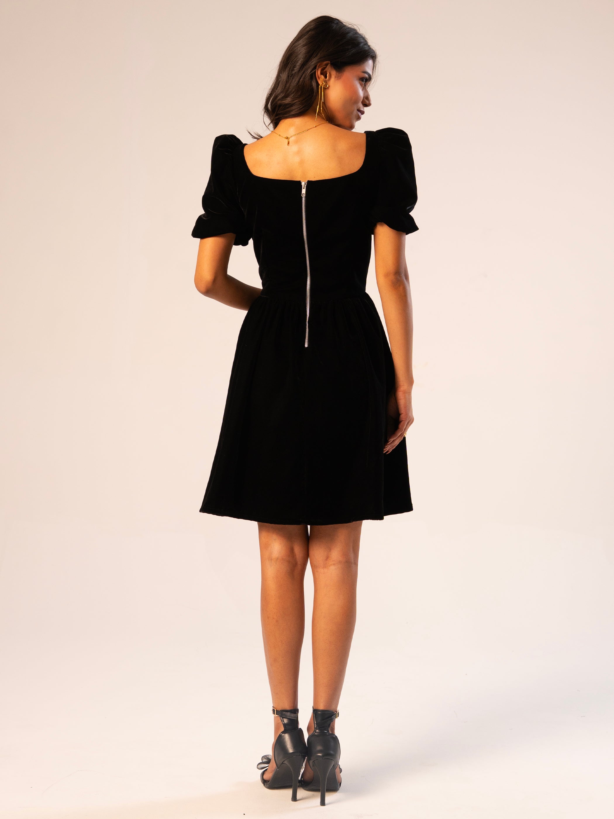 Jolene Black Hand Embellished Square Neck Velvet Mini Dress