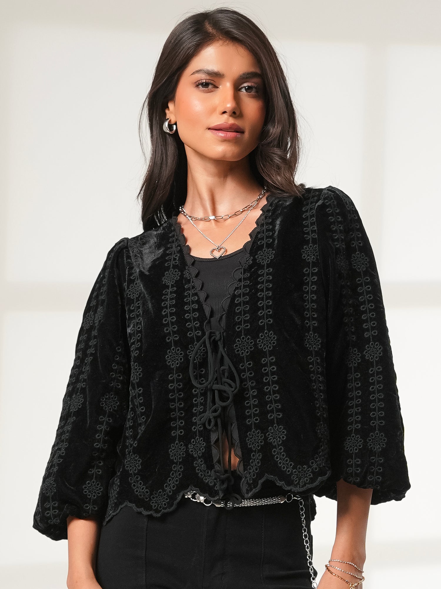Drew Black Embroidered Velvet Tie Front Top