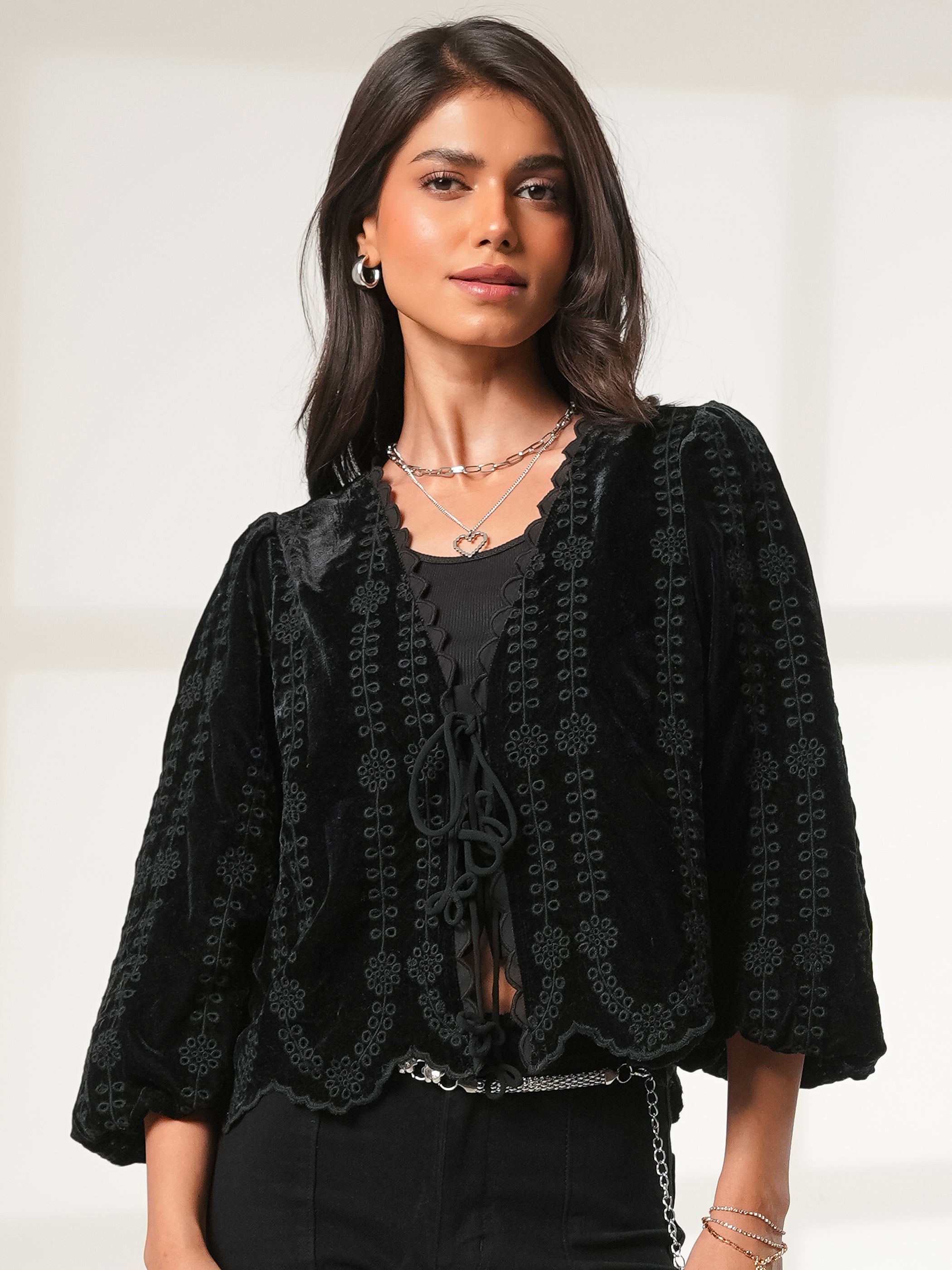 Drew Black Embroidered Velvet Tie Front Top