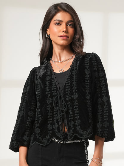 Drew Black Embroidered Velvet Tie Front Top