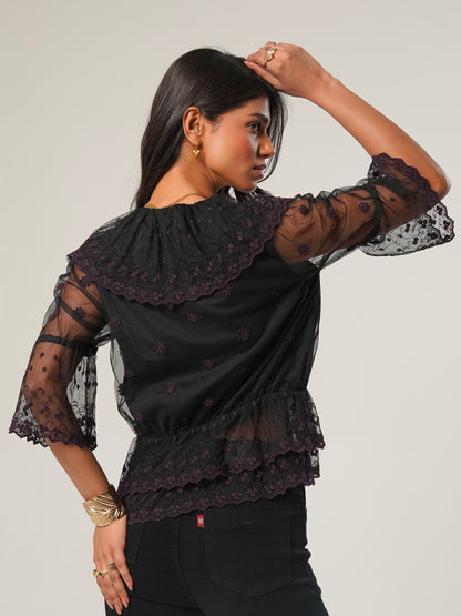 Samira Black and Berry Embroidered Lace Blouse