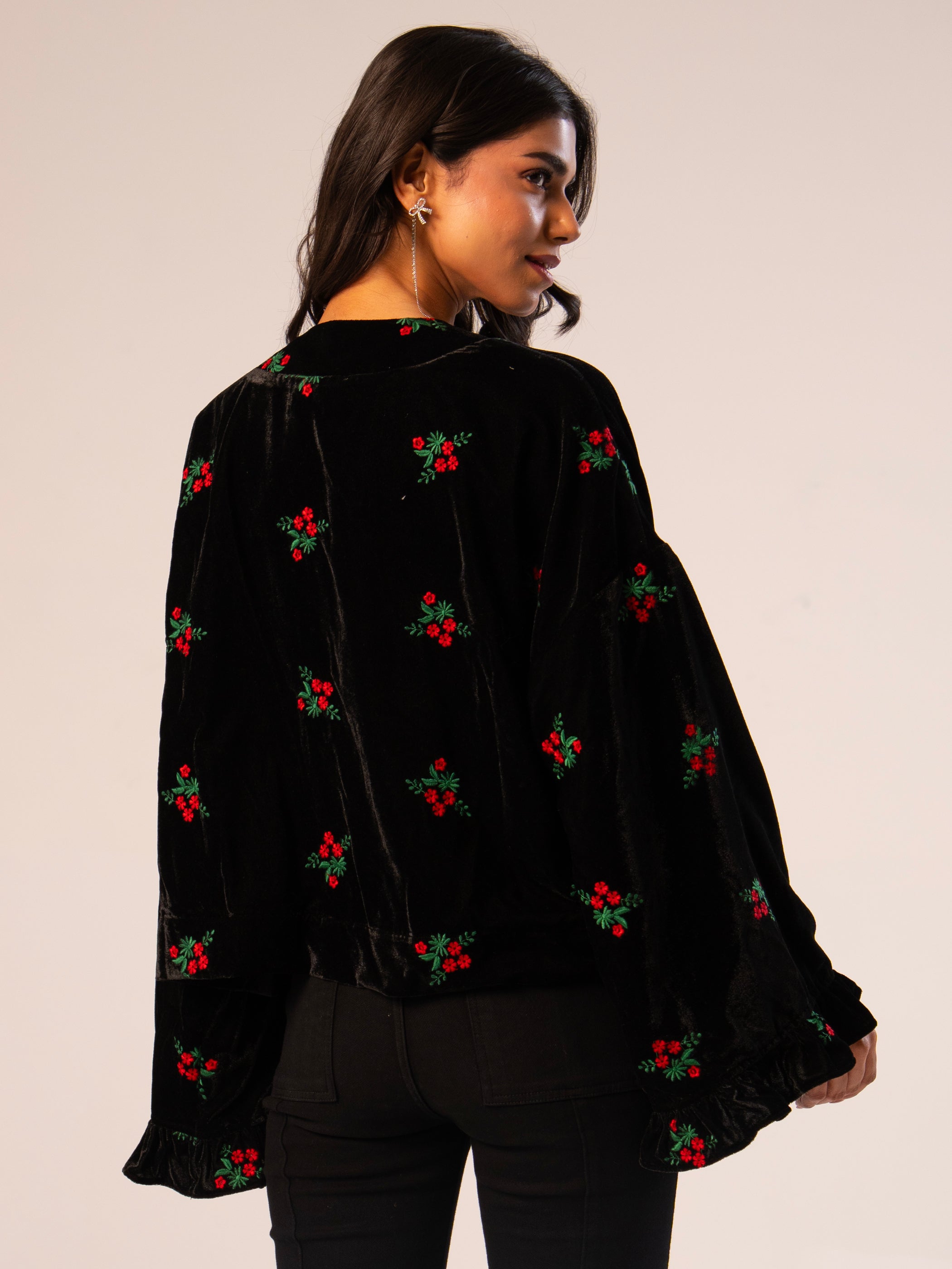 Jolie Black Red Embroidered Velvet Kimono