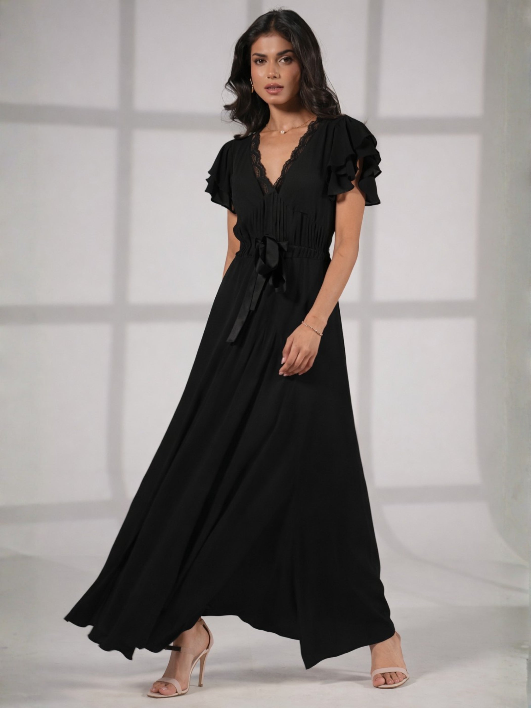 Chloe Black Lace Detail Tie Waist Maxi Dress