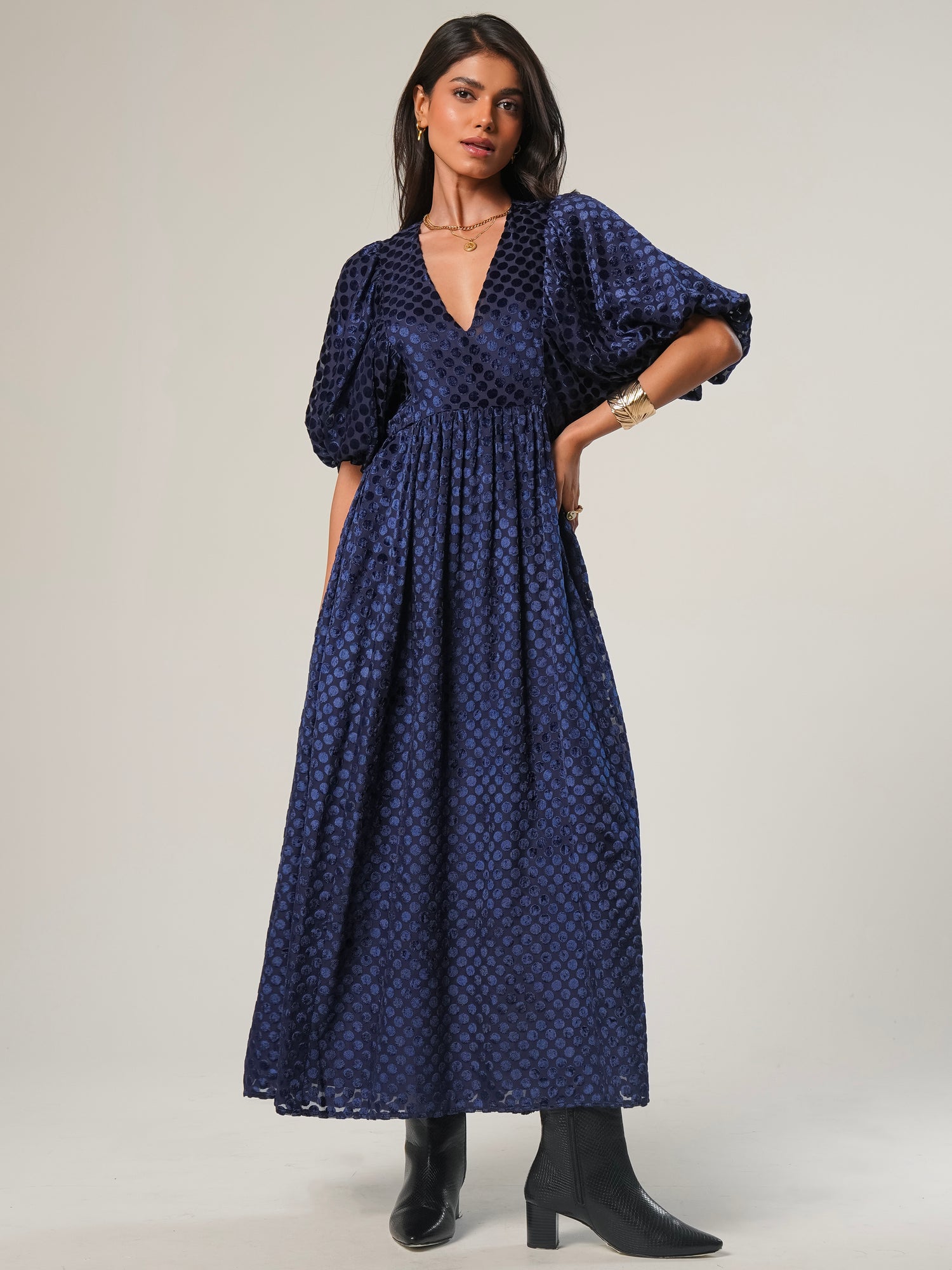 Margot Navy Velvet Spot Maxi Dress