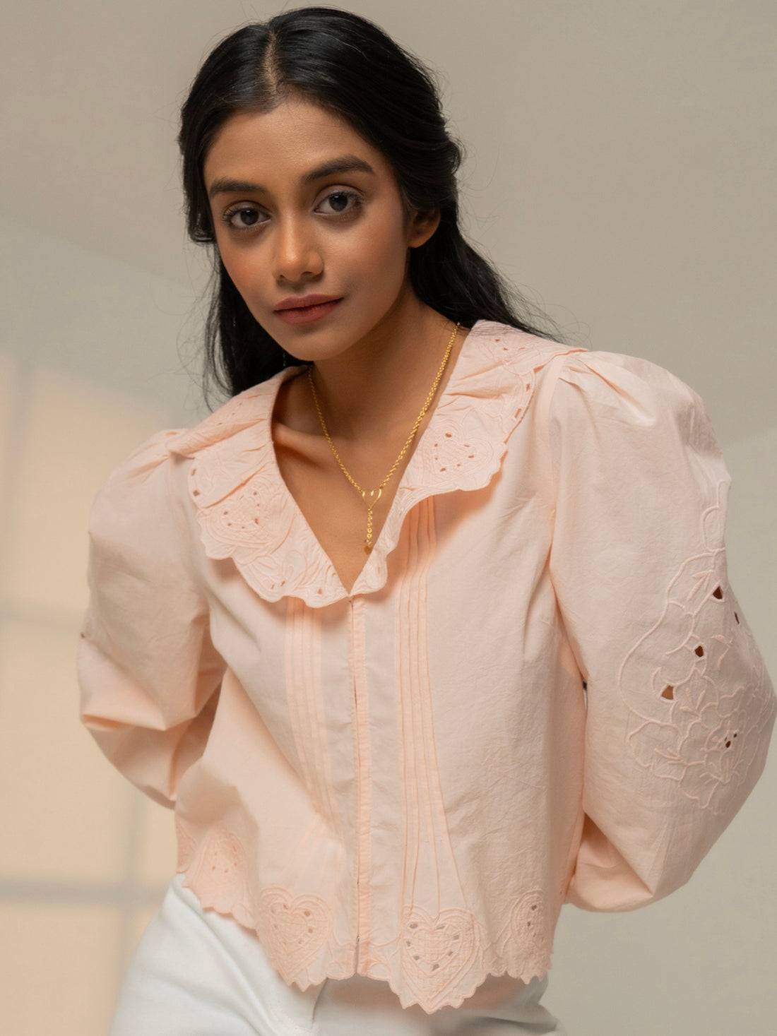 Helen Pink Heart Embroidery Collar Blouse