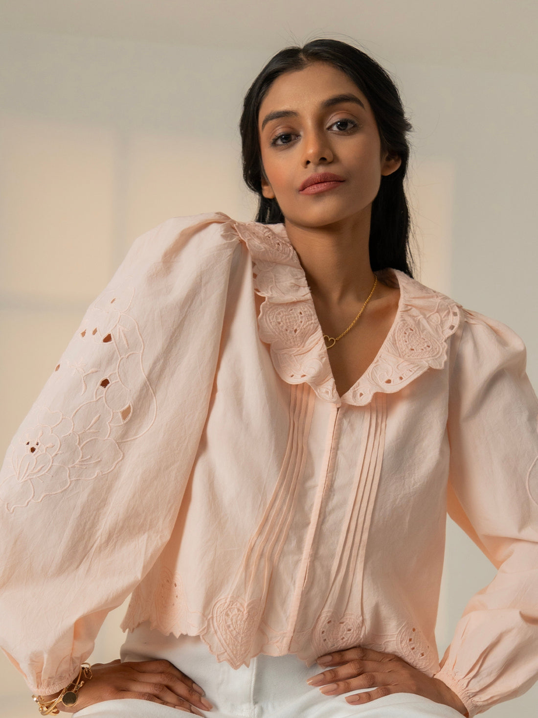 Helen Pink Heart Embroidery Collar Blouse