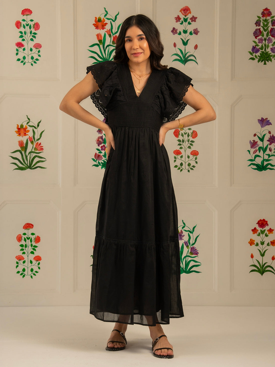 Elleanor Heart Lace Trim Black Maxi Dress 