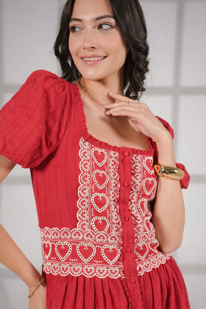 Harri Red And White Cotton Heart Embroidery Short Sleeve Maxi Dress