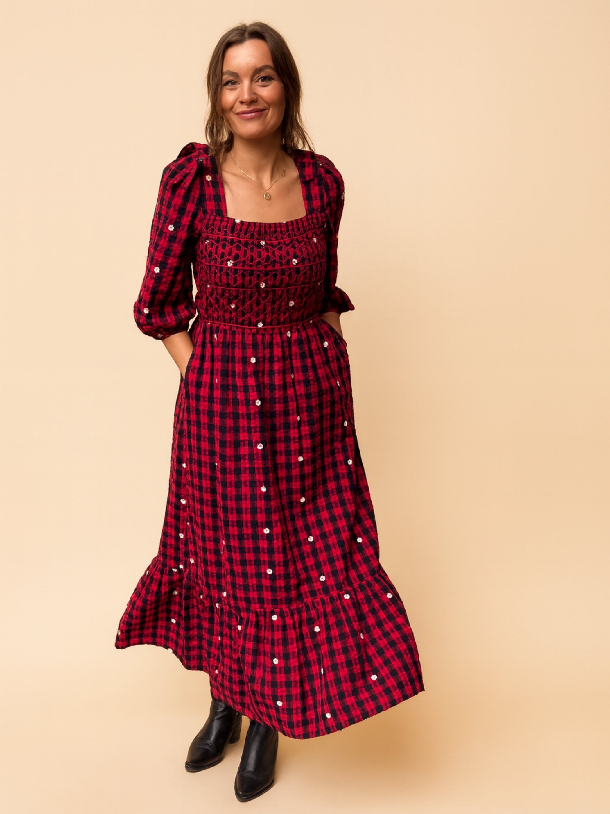 Steffi Red and Black Daisy Embroidered Check Maxi Dress