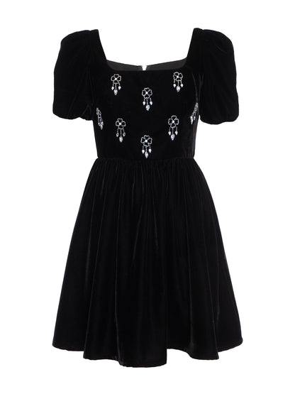 Jolene Black Hand Embellished Square Neck Velvet Mini Dress