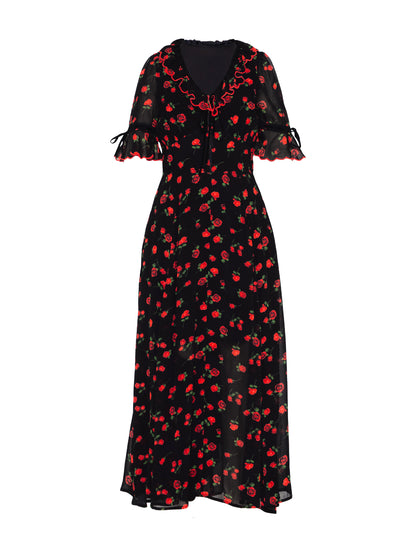 Toni Rose Print Velvet Tie Maxi Dress 