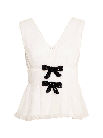 Anais Cream Sleeveless Embellished Bow Top 