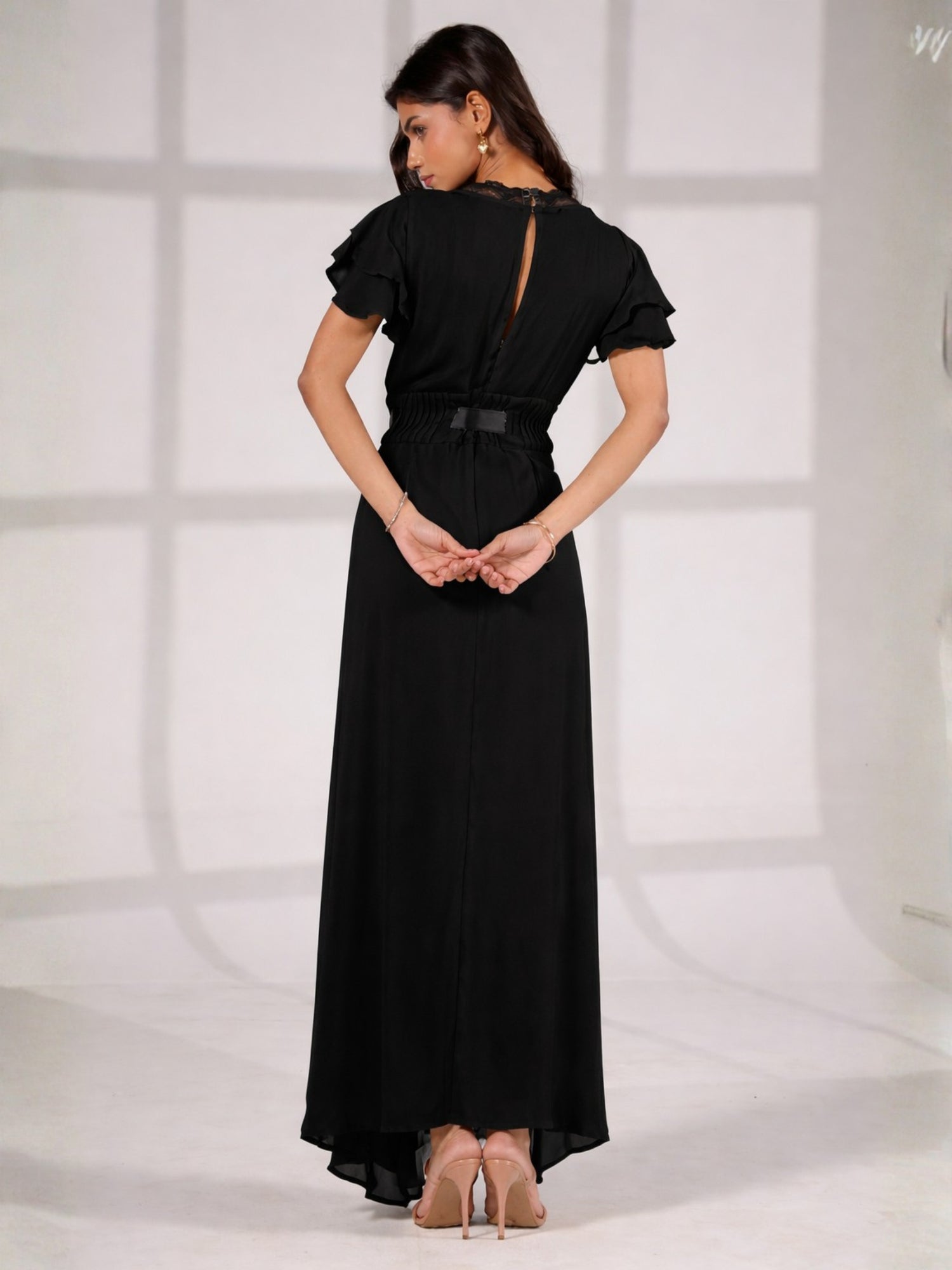 Chloe Black Lace Detail Tie Waist Maxi Dress