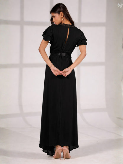 Chloe Black Lace Detail Tie Waist Maxi Dress