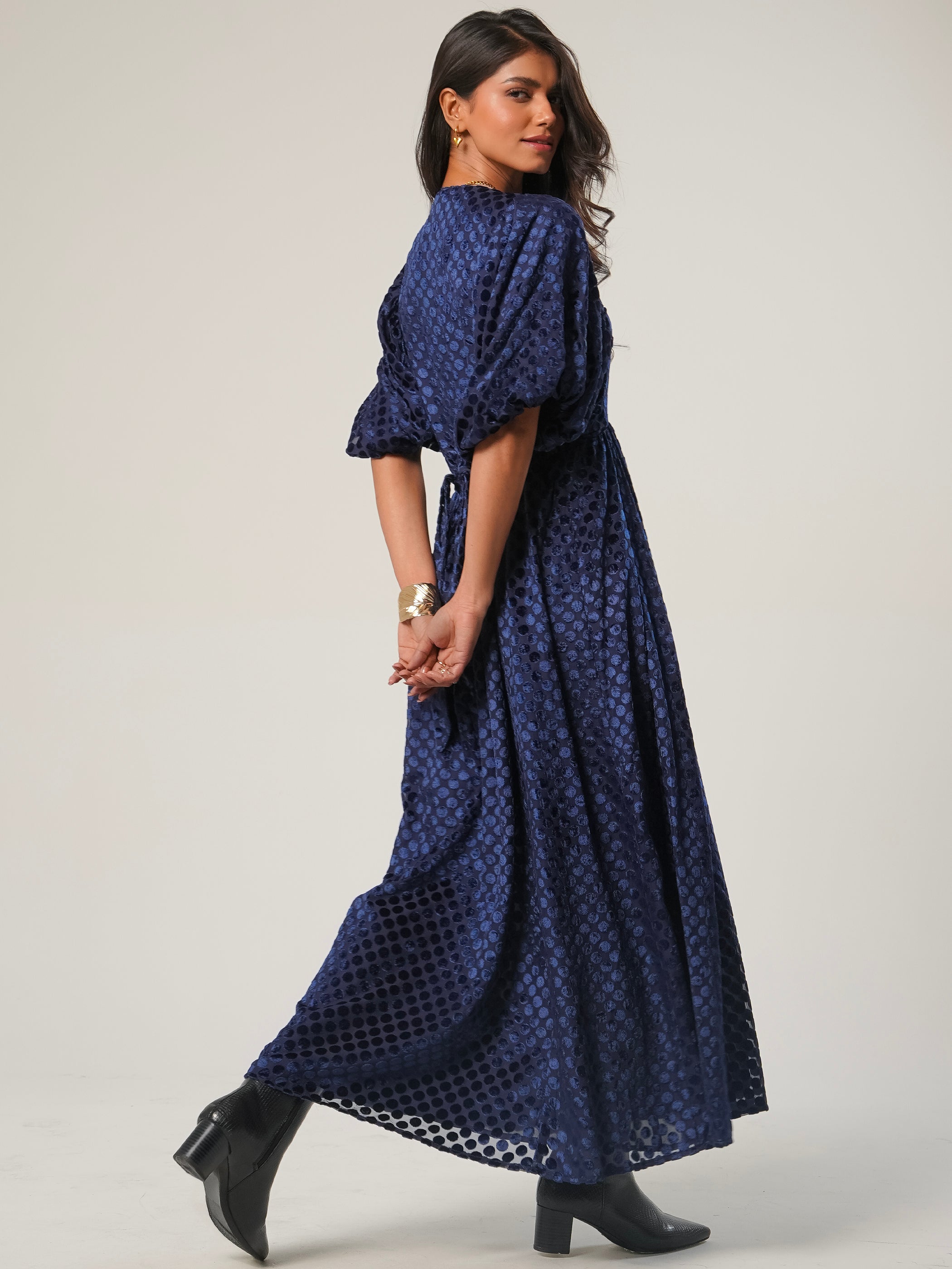 Margot Navy Velvet Spot Maxi Dress