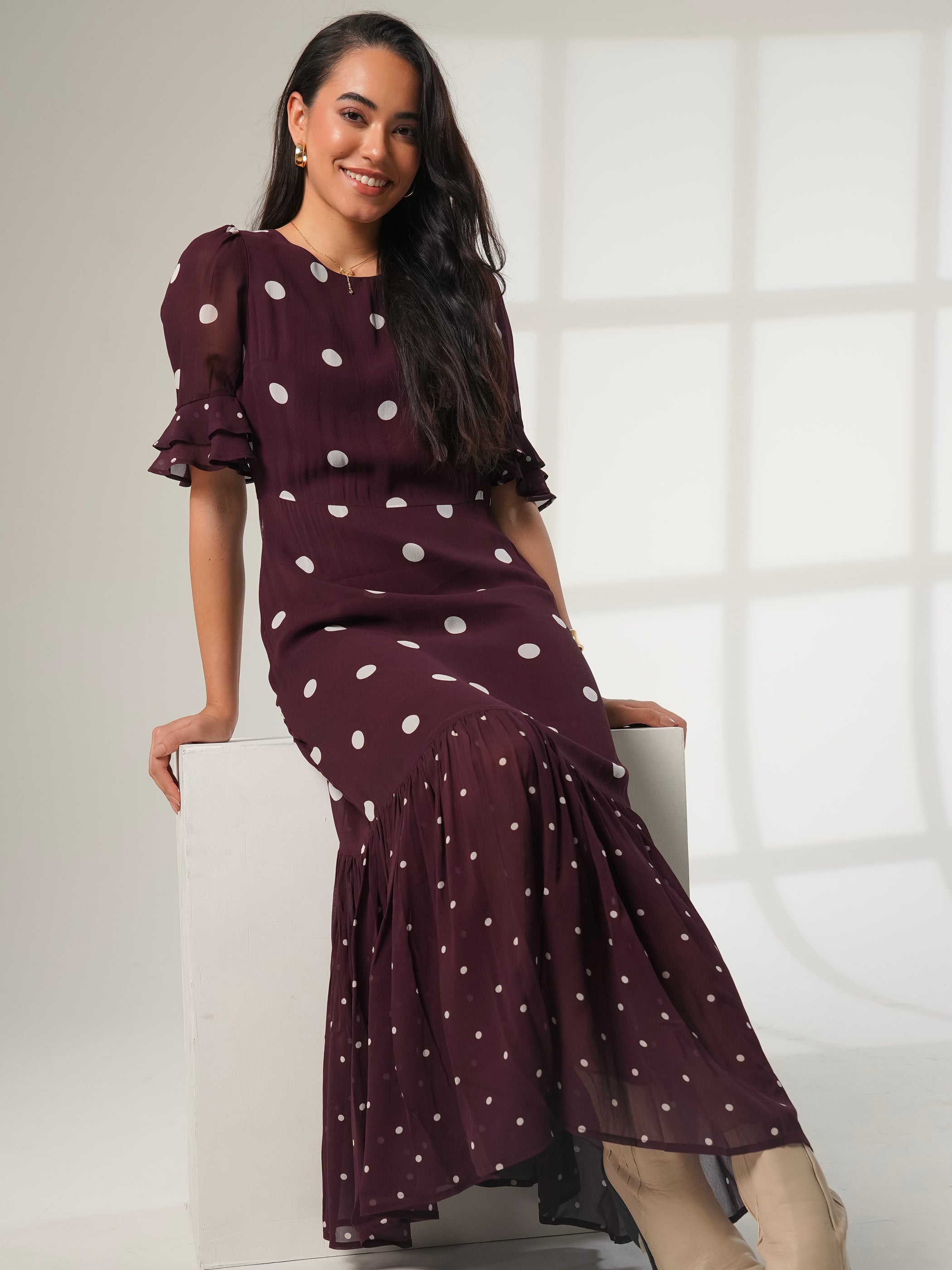 Saphi Chocolate Wine Spot Print Maxi Dress