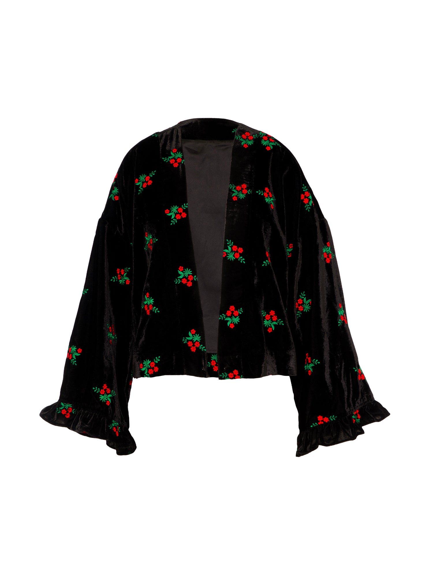 Jolie Black Red Embroidered Velvet Kimono