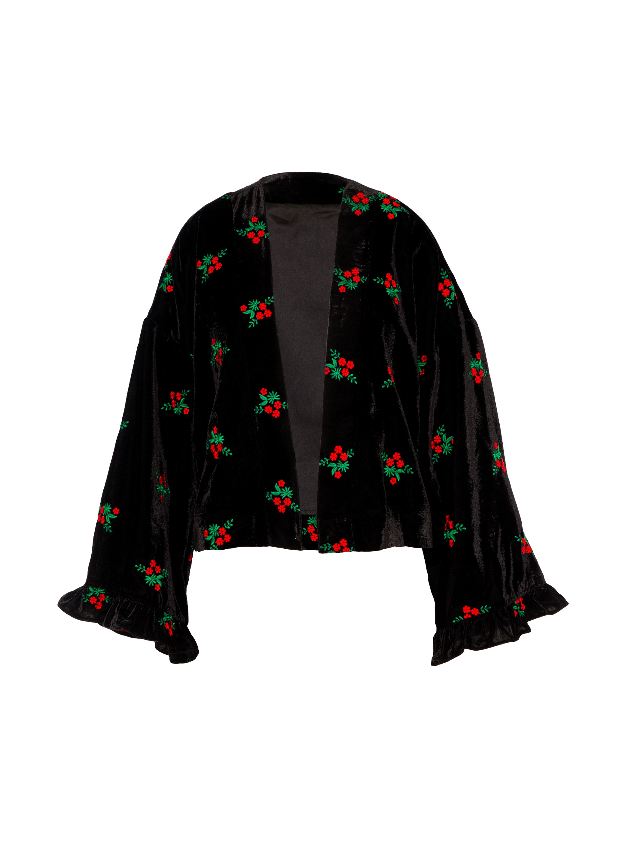 Jolie Black Red Embroidered Velvet Kimono