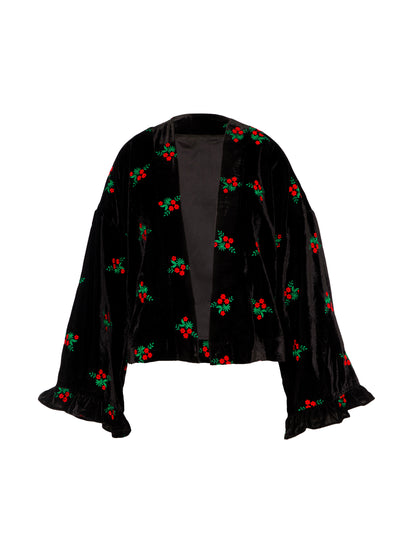 Jolie Black Red Embroidered Velvet Kimono
