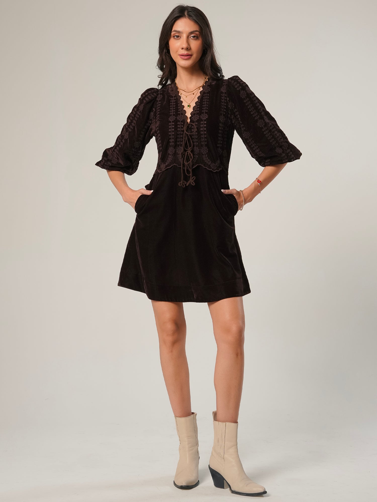 Drew Chocolate Brown Embroidered Velvet Tie Front Dress