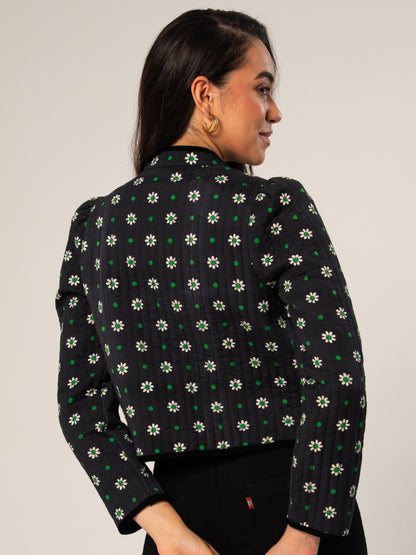 Joyce Black Daisy Print Velvet Edge Jacket