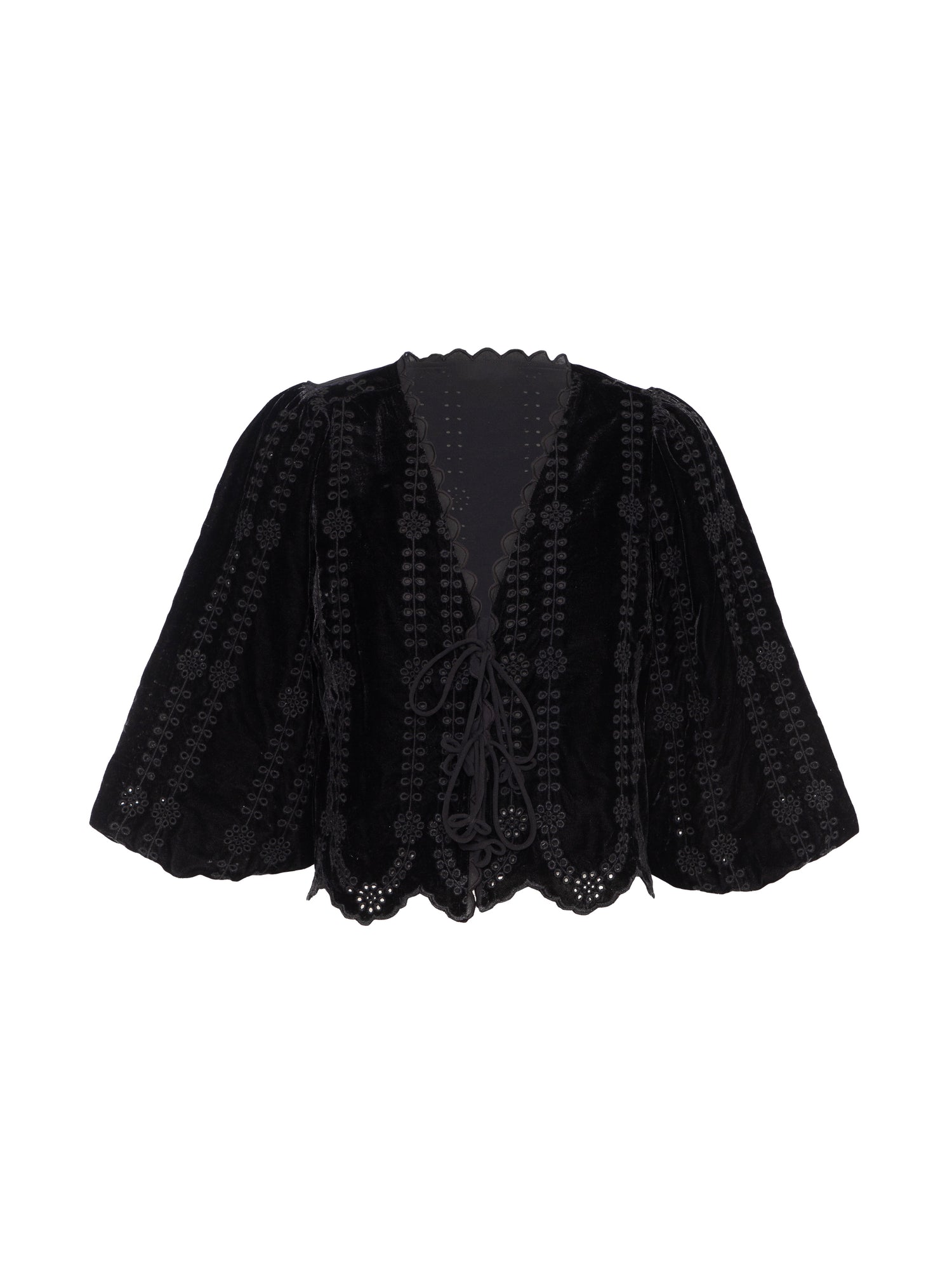 Drew Black Embroidered Velvet Tie Front Top