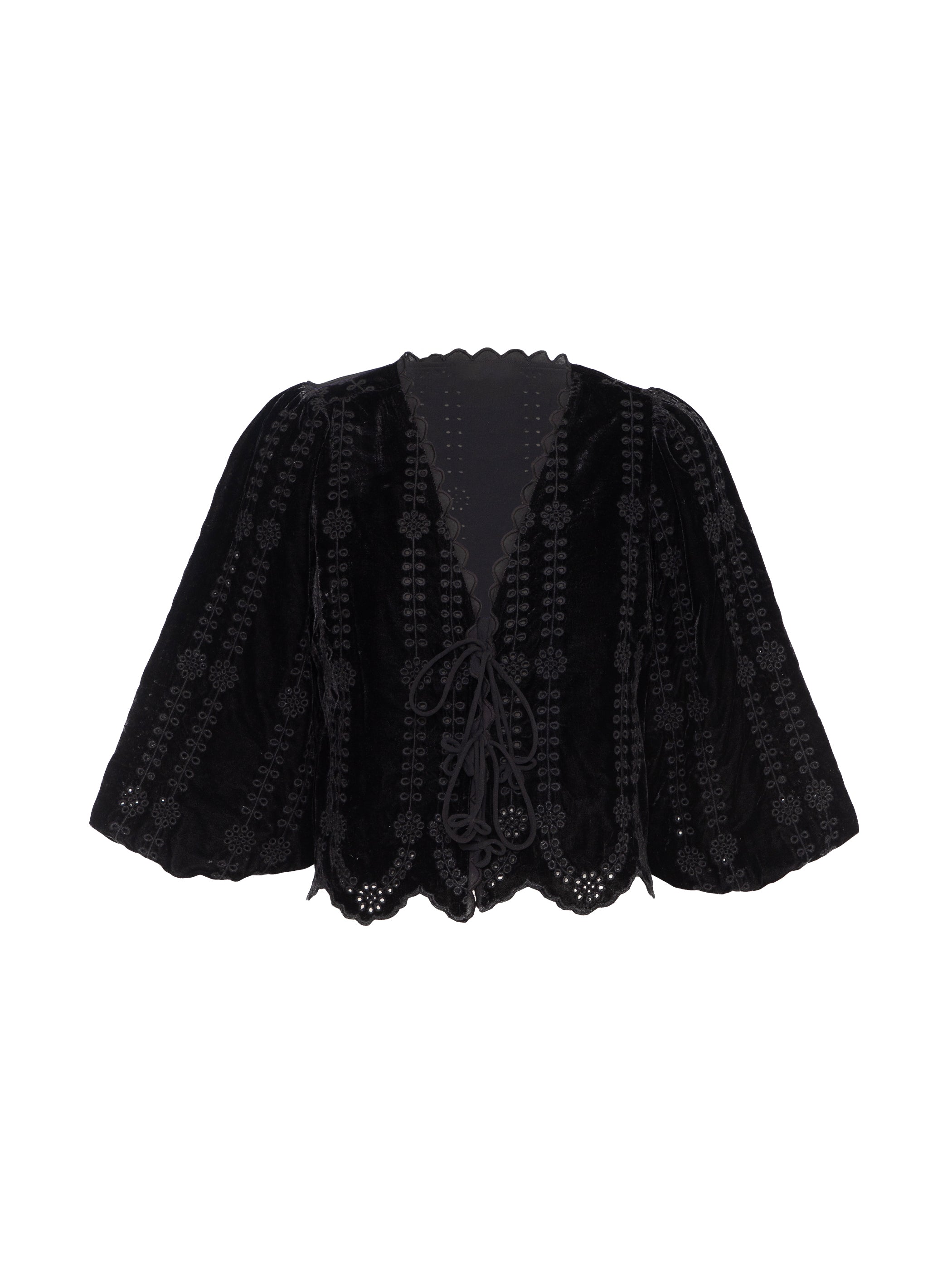 Drew Black Embroidered Velvet Tie Front Top