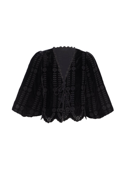 Drew Black Embroidered Velvet Tie Front Top