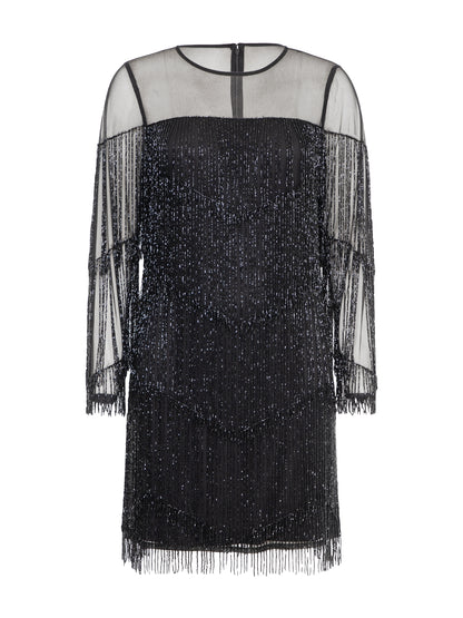 Elise Black Beaded Fringe Mini Dress