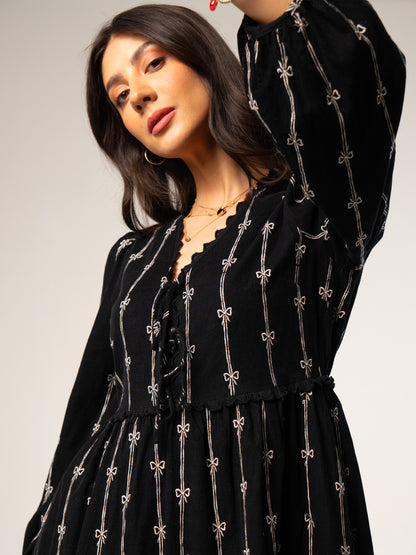 Beatrix Black Cord Embroidered Midi Dress