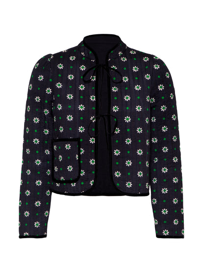 Joyce Black Daisy Print Velvet Edge Jacket