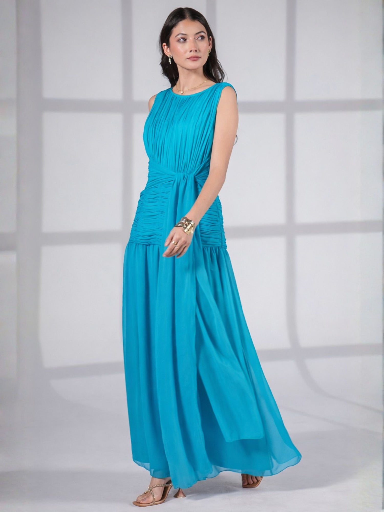 Amy Turquoise Blue Drape Tie Waist Maxi Dress