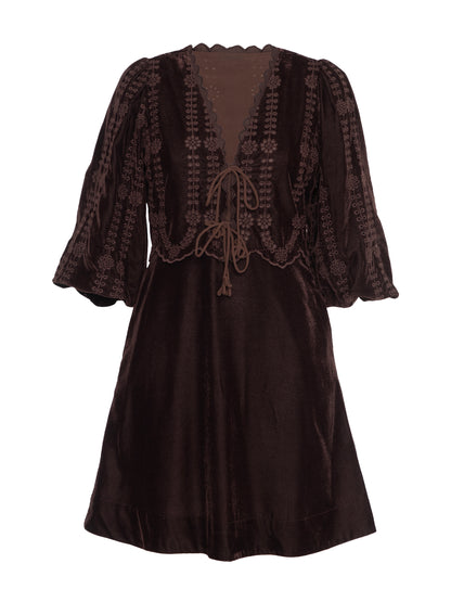 Drew Chocolate Brown Embroidered Velvet Tie Front Dress