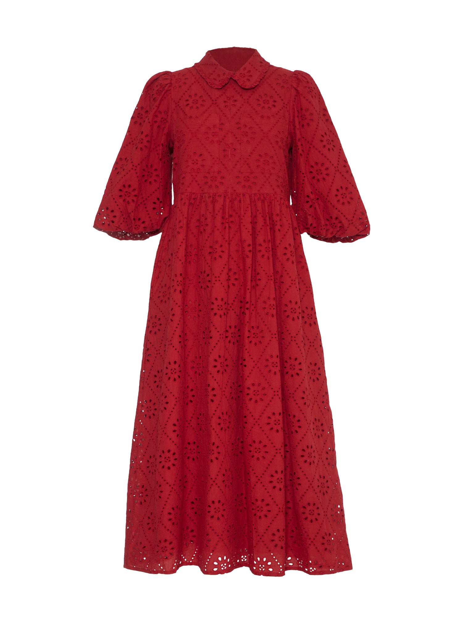 Lucille Red Embroidered Midi Shirt Dress 