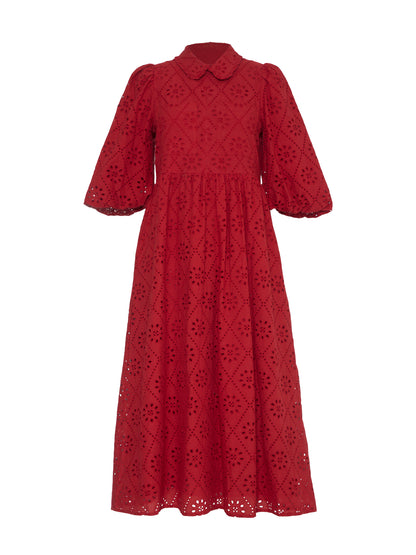 Lucille Red Embroidered Midi Shirt Dress 