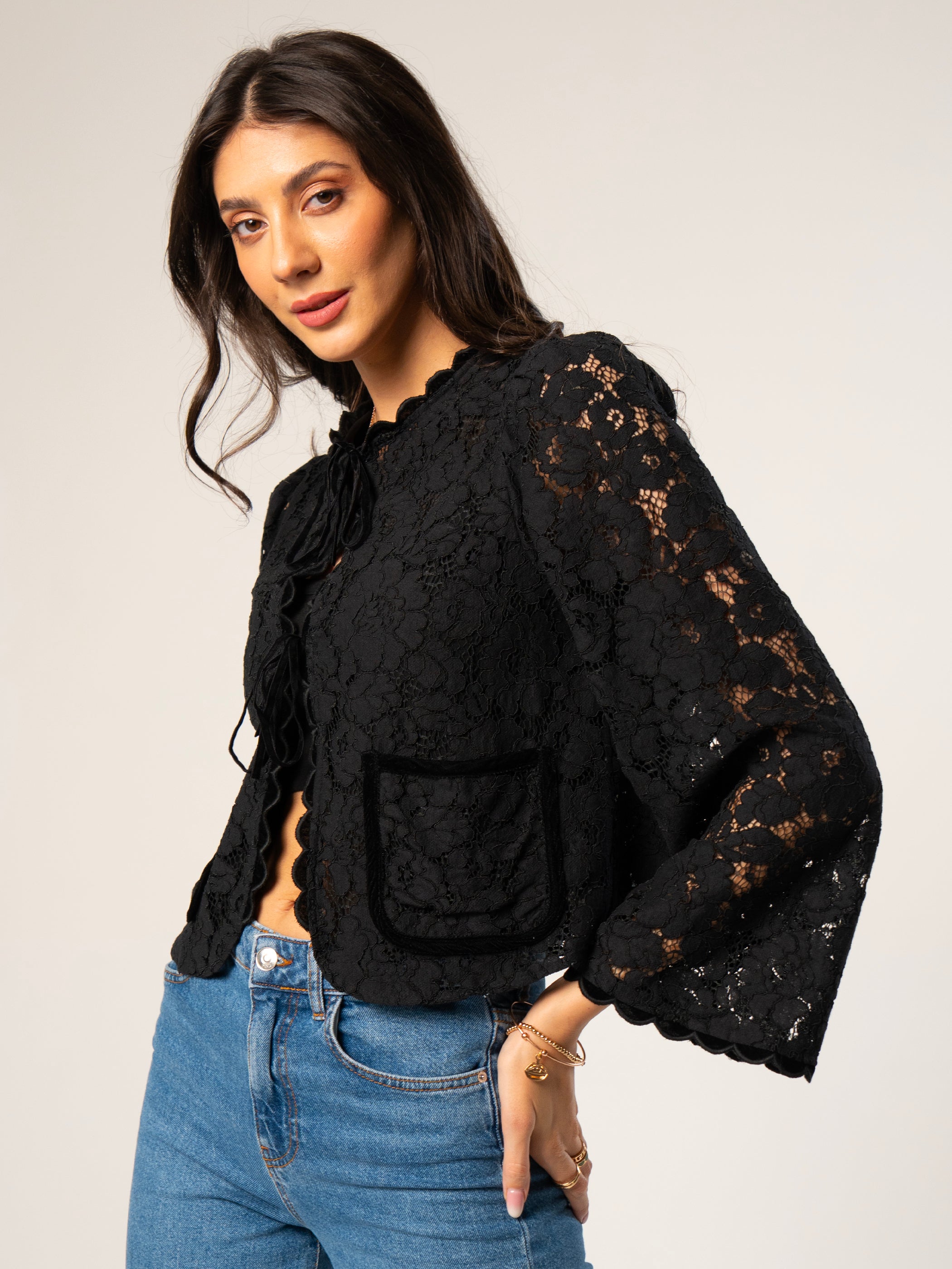 Lina Black Lace Velvet Trim Jacket