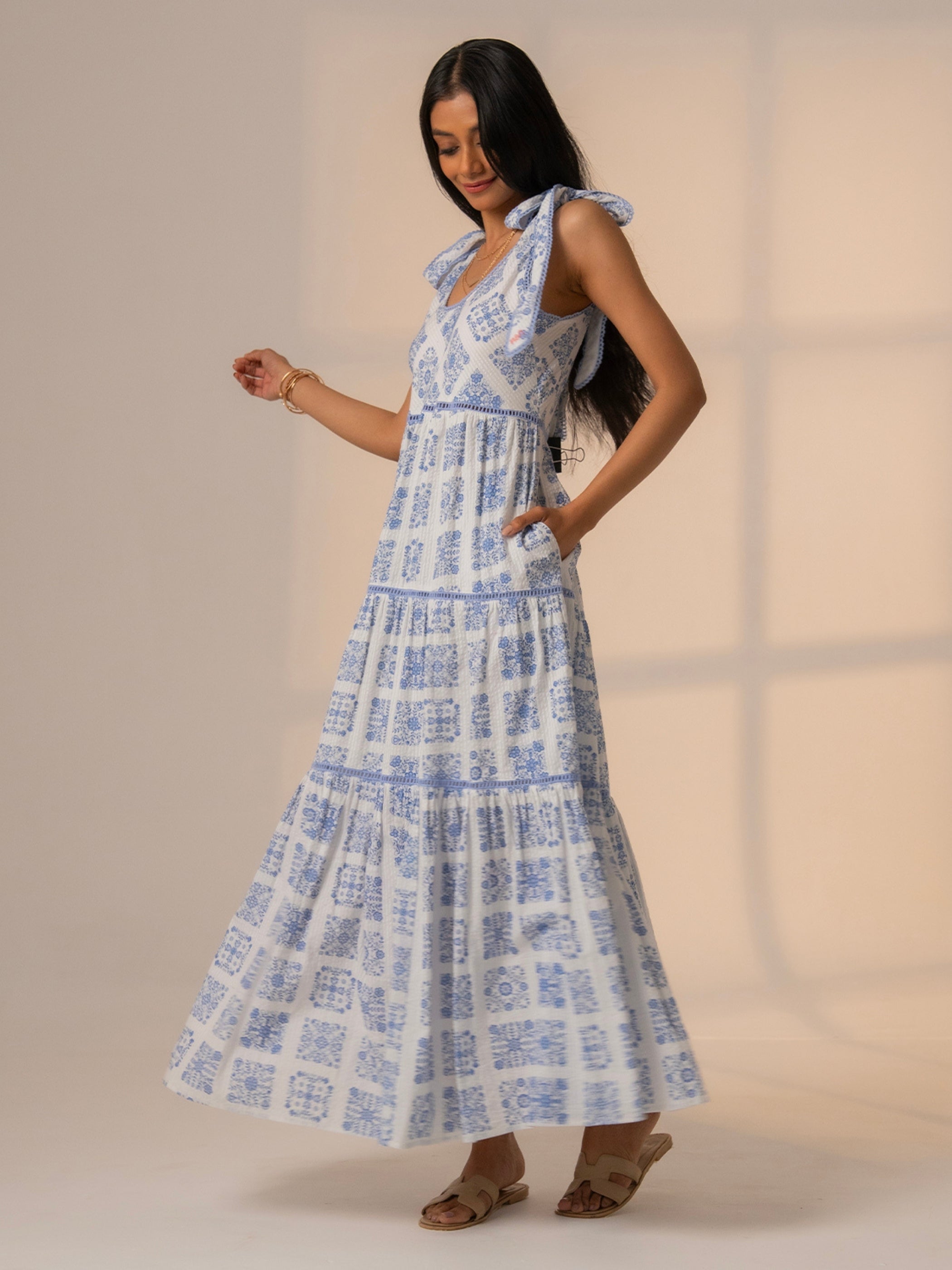 Maisy Blue White Printed Lace Trim Maxi Sun Dress 
