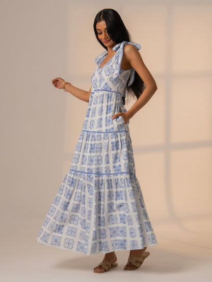 Maisy Blue White Printed Lace Trim Maxi Sun Dress 